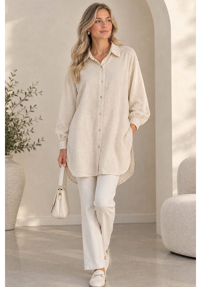 Emila Boutique Kadın Günlük Boho Müslin Gömlek %100 Pamuk Bej - Taş