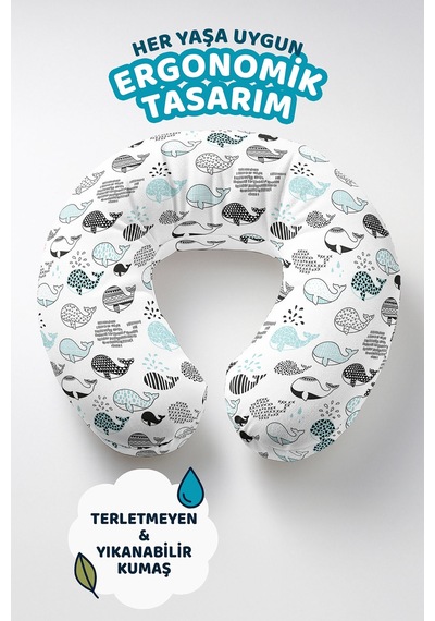 Sevimli Balina Desenli Pamuklu Boyun Yastığı - Modern Siyah Mavi Desenli Ergonomik Seyahat Yastığı Çok Renkli