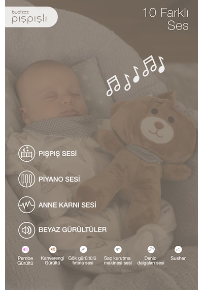 Budizzz Beyaz Gürültü Cihazı Bebek Uyku Arkadaşı Gri Fular Ay