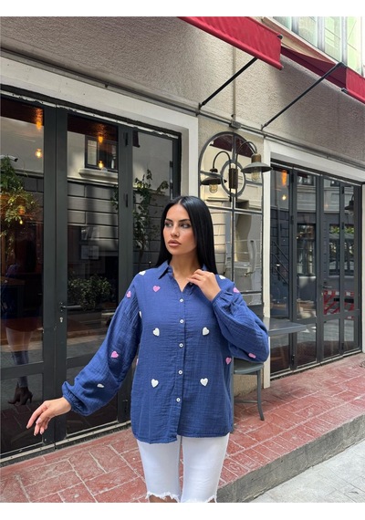 WeShaya Laci Viskon Kalp Nakışlı Esnek Gömlek Lacivert