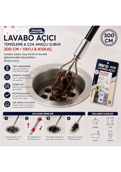 300cm Yaylı - Kıskaç Lavabo - Gider Vb.temizleme - Çok Amaçlı Çubuk 5332 1000'li Set