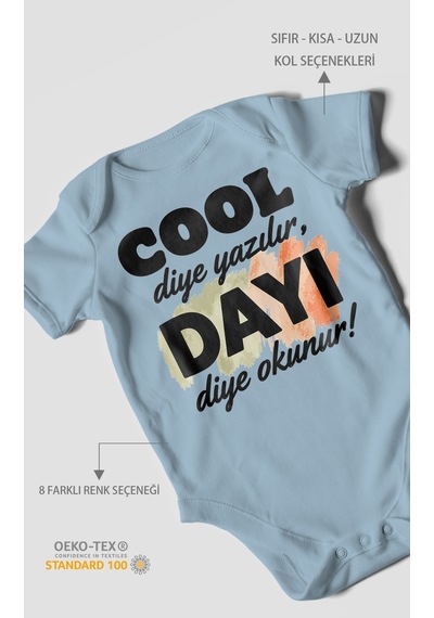 Morivokids Cool Diye Yazılır Dayı Diye Okunur Kısa Kollu Bebek Body %100 Pamuk Bebe Mavisi