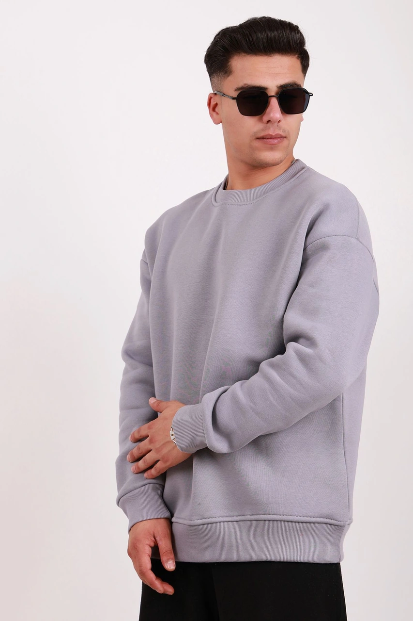 Erkek Standart Fit Bol Kesim %100 Pamuklu Içi Şardonlu 3 Iplik Bisiklet Yaka Sweatshirt Gri