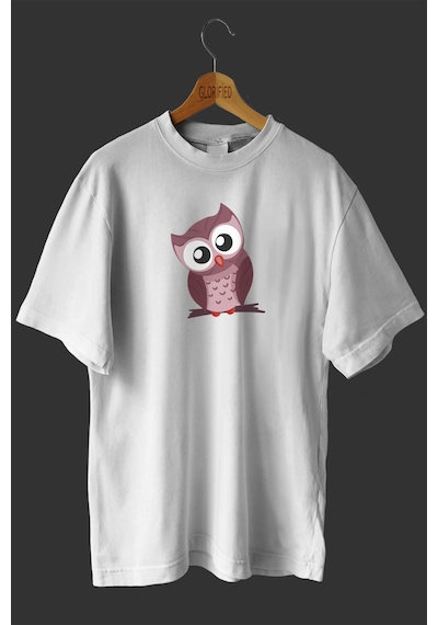 Noıssey -wed Dekoratif Baykuş Tasarım Baskılı Oversize T-shirt Tişört Beyaz