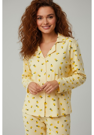 Süet Gömlek Pijama Takımı 7006 Limon Sarı