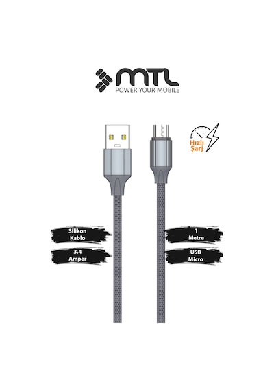 3.4a Usb To Micro Metal Başlıklı Silikon Hızlı Şarj Ve Data Aktarım Kablosu Gri 1 Metre Mt2433