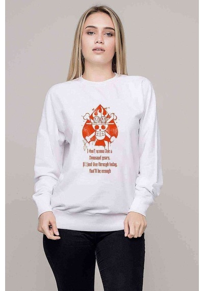 Anime One Piece Skull Kuru Kafa Baskılı Beyaz Kadın Sweatshirt