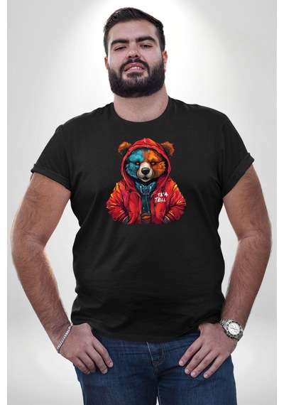 Angemiel Kırmızı Hoodie Ayı Siyah Büyük Beden Erkek Kadın Unisex Basic Ön Baskılı Tişört Siyah