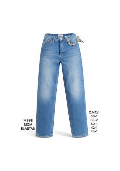 Miss Poem Kadın Mavi Fular Detaylı Yüksek Bel Mom Fit Jean Pantolon