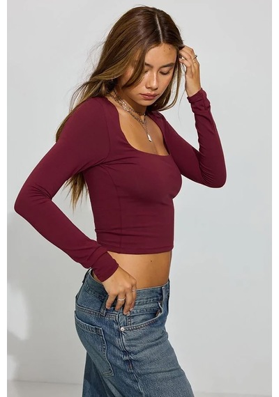 Seeh Bordo Kare Yaka Uzun Kollu Kadın Body Sh206