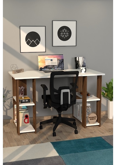 Moonlife Hipo Kitaplıklı Çalışma Masası Ceviz Beyaz  -  Ceviz