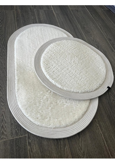 Melena Carpet Premium Kaymaz Taban Peluş Banyo Paspası Seti Jüt Kenar Detaylı 2 Li Oval Yuvarlak 100x60 60x60 Beyaz