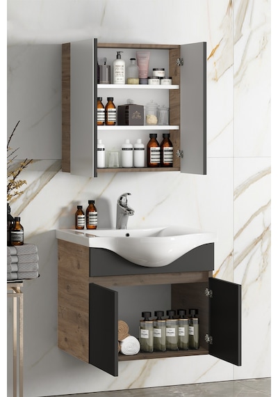 Yıldız 65+35 Cm Atlantik Çam-Antrasit Gri Mat Mdf Seramik Lavabol Antrasit - Atlantik Çam