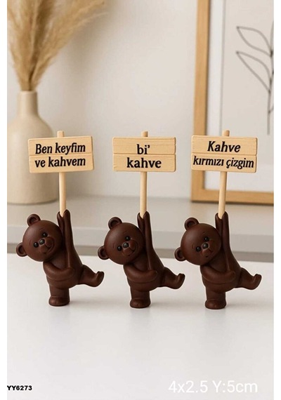 Yy6273 3'lü Dekoratif Kahve Köşesi Yazılı Ayıcık Biblo Silikon Ka