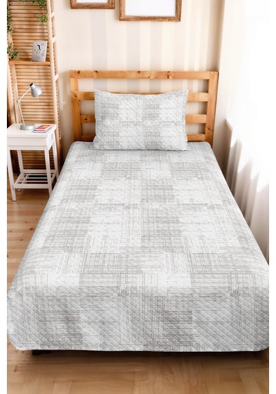 Gri Geometrik Modern Tek Kişilik Pike Takımı - Beyaz Çizgili Minimal 160x220 Cm Yazlık Yatak Örtüsü Şeffaf