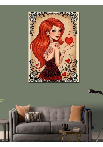 Kanvas Tablo Kırmızı Saçlı Kadın Kalp 50cmx70cm