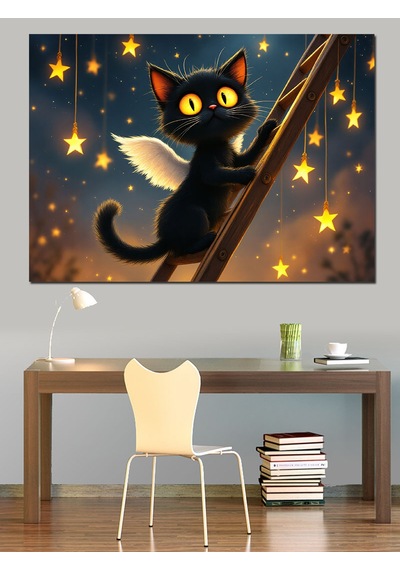 Yıldızlı Gece Kara Kedi Dekoratif Kanvas - Mdf Ahşap Tablo