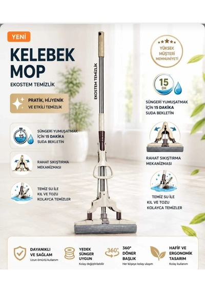 Kendinden Sıkma Mekanizmalı Mikrofiber Kelebek Mop & Paslanmaz Çelik Saplı & Sünger Sıkmalı Mop