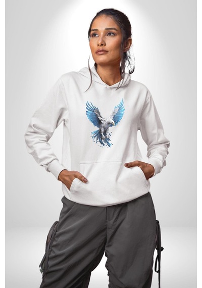 Mavi Beyaz Kartal Kuş Kadın Erkek Beyaz Kapüşonlu Sweatshirt Hoodie Beyaz Mavi Beyaz Kartal Kuş Kadın Erkek Beyaz Kapüşonlu Sweatshirt Hoodie Beyaz