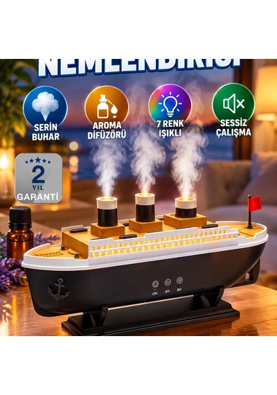 Gemi Tasarımlı Hava Nemlendirici Ve Aroma Difüzörü 7 Renk Işıklı Dekoratif Model