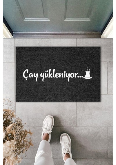 Rugmood Modern Dijital Baskı - Çay Yükleniyor - Kapı Önü Paspası Siyah