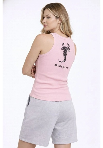 Mbb E-ticaret Kadın Fitilli Atlet Sıfır Yaka Slim Fit Arka Baskılı Spor Atlet - Pembe