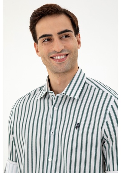 U.S. Polo Assn. Erkek Koyu Yeşil Çizgili Beyaz Gömlek 50296599-VR079