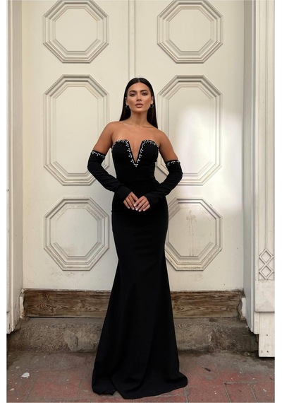 DefyModa Kadın Krep Kumaş V Yaka Balık Kesim Abiye Elbise Siyah