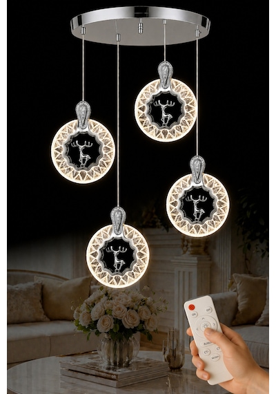 Ren Geyiği Model 4 Lü Krom Kaplama 3 Renk Kumandalı Salon Mutfak Oturma Yatak Odası Modern Led Avize Gri