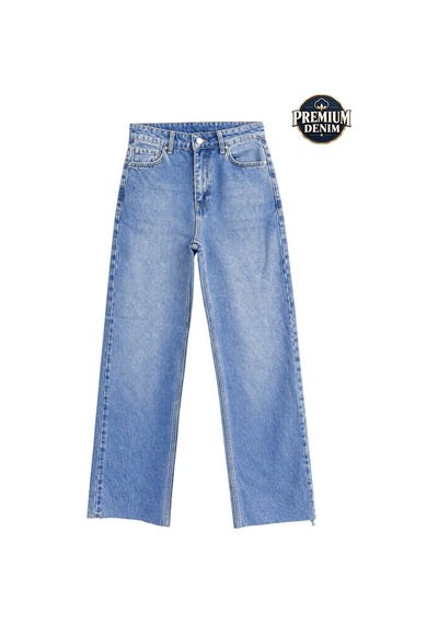 Vadon 1056 Kadın Yüksek Bel Pis Paça Wide Leg Jean Pantolon Mavi