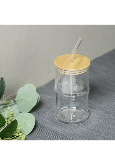 Paçii Bambu Kapaklı Pipetli Bardak - Açık Kahverengi / Şeffaf - 330 Ml Renkli