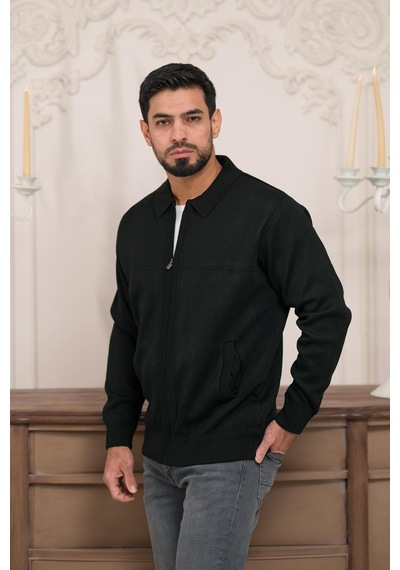 Woolen World Polo Yaka Fermuar Kapamalı Klasik Kesim Astarlı Çelik Örgü Hırka Siyah
