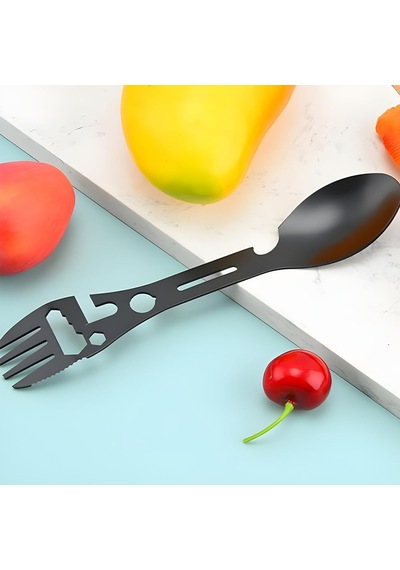 2'li Paket 5'i 1 Arada Spork Seti Paslanmaz Çelik Kamp Çatal Kaşık Bıçak Şişe Açacağı Outdoor Mkmp-0044 Siyah