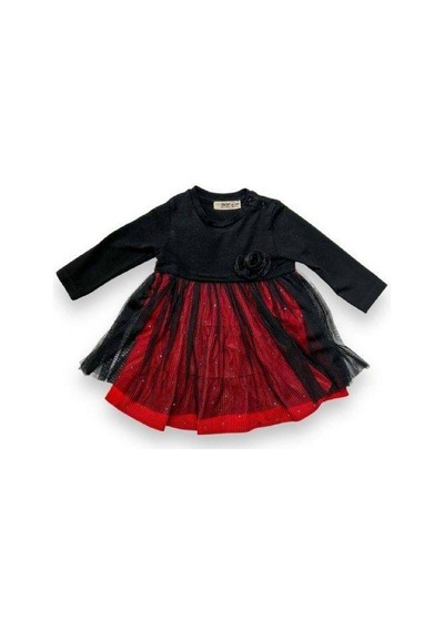 Çikoby Kız Bebek Gül Detaylı Kadife Taşlı Elbise-14901 Siyah