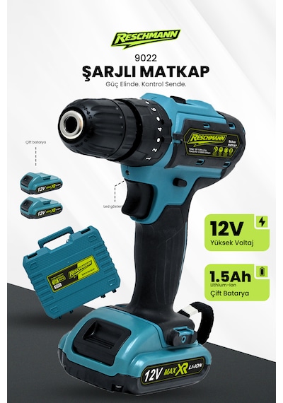 Reschmann R-9022 12v Metal Şanzıman Çift Akülü Bakır Sargı Şarjlı Matkap Akülü Vidalama Setli