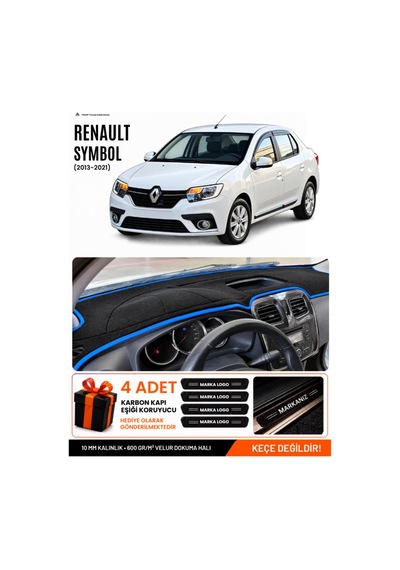 Renault Symbol Kısa Tip 1 2013-2021 Uyumlu Torpido Örtüsü, Torpido Kılıfı - Siyah Mavi