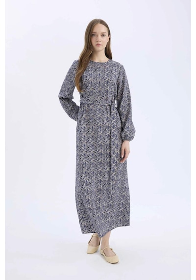 DeFacto Regular Fit Bisiklet Yaka Desenli Kuşaklı Uzun Kollu Maxi Elbise E5247AX25SPNV134