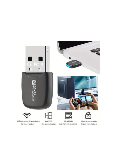 Usb 286mbps Wifi6 Kablosuz Adaptör, Masaüstü Ve Dizüstü Bilgisayarlar İçin Uygun, 2.4ghz Güçlü