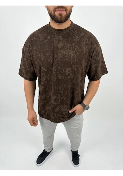 Barlashive Erkek Premium Tişört Osy Yumuşak Dokulu Yıkamalı Oversize T-shirt - Kahverengi Çok Renkli