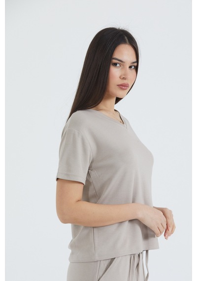 Kadın Modal Kumaş V Yaka Kısa Kolu Basic Tişört Bej