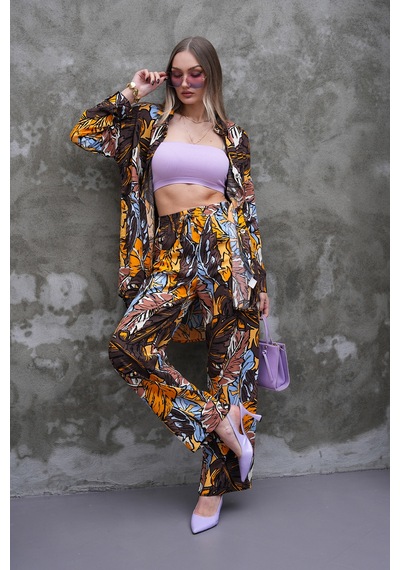Polologin Butik Kahverengi Turuncu Mavi Yaprak Desenli Takım Kahverengi