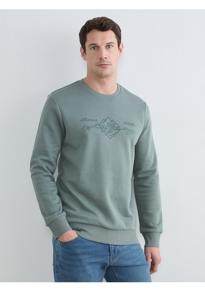 Lcwaıkıkı Classic Yeşil Bisiklet Yaka Baskılı Erkek Sweatshirt