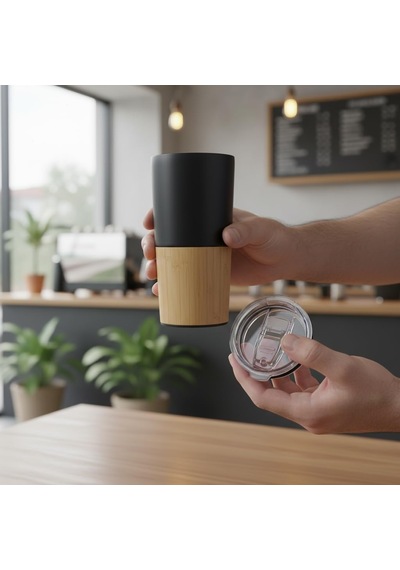 600 Ml Bambu Tabanlı Çelik Termos Mug - 5 Farklı Renk Seçenekli Sıcak Ve Soğuk Tutucu Seyahat Bardağı Siyah Çok Renkli