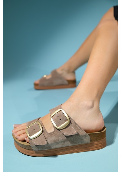 Luvishoes Harbor Kum Süet Çift Bantlı Hakiki Deri Kadın Kalın Tabanlı Terlik Bej