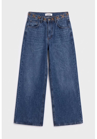 Kadın Mavi 2w6-5 Palazzo Fit Kemer Detaylı Özel Tasarım Denim Jean