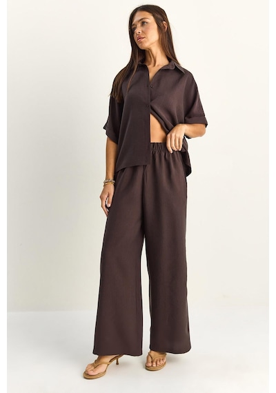 Shade Kadın Oversize Kısa Kol Gömlek Beli Lastikli Geniş Paça Pantolon Takım 7651 60286138 - Acı Kahve Çok Renkli