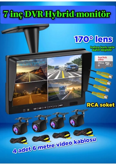 7 İnç Dvr Monitör Ve 4 Adet 170 Derece Açılı Kamera Seti 12 Volt