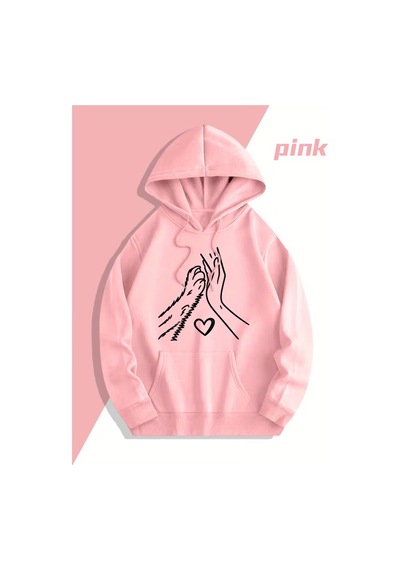 Nevermind Sevgili Çift Kombin Hoodie Set Kalp Ve Eller Baskılı Unisex Overs Pembe