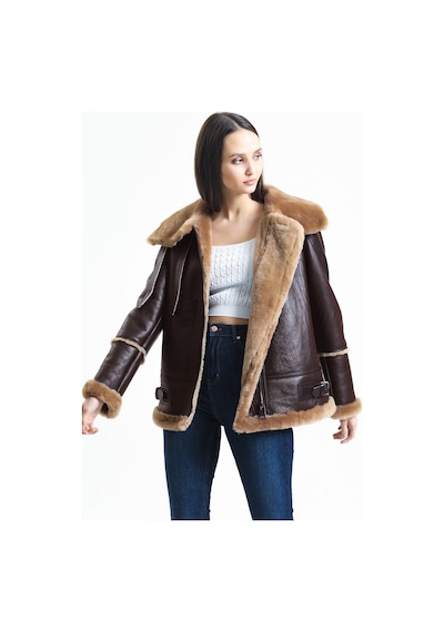 M M Marki Marki Kadın Kahverengi Vintage Deri Mont, Kahverengi Kürklü, Balıkçı Yaka, Oversize - 105222 Siyah Kahverengi