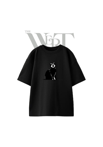 Thewert Tek Gozlu Kedi Tasarım Baskılı Ünisex Siyah Oversize T-shirt